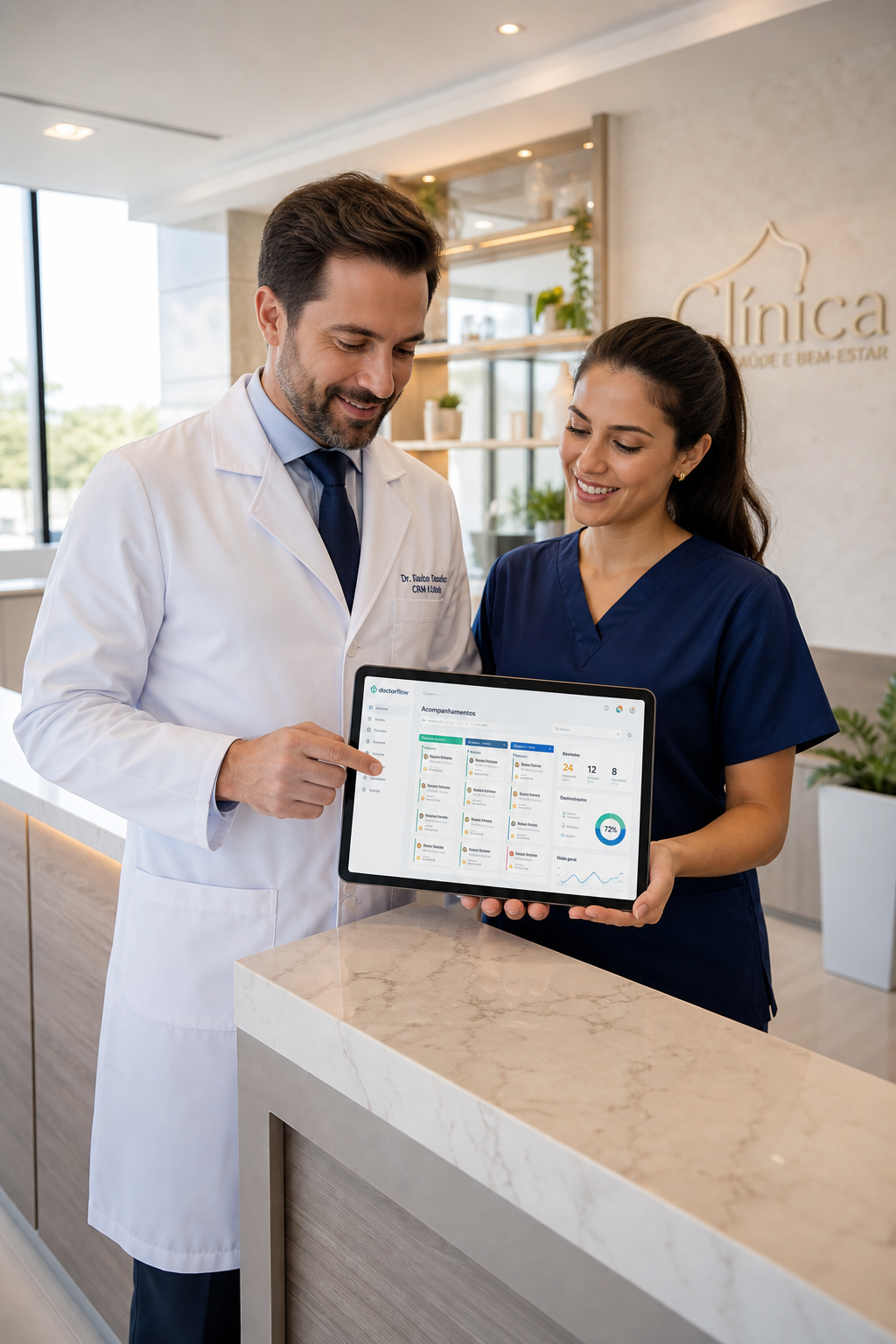 Médico e secretária revendo o painel do Sorik Flow em um tablet